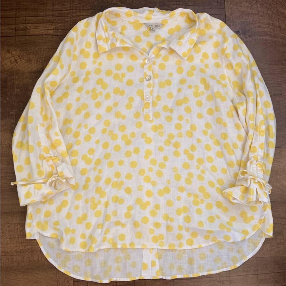 John Mark NWT 100% Linen Yellow Polka Dot Button Back Blouse Coastal Women’s 1X